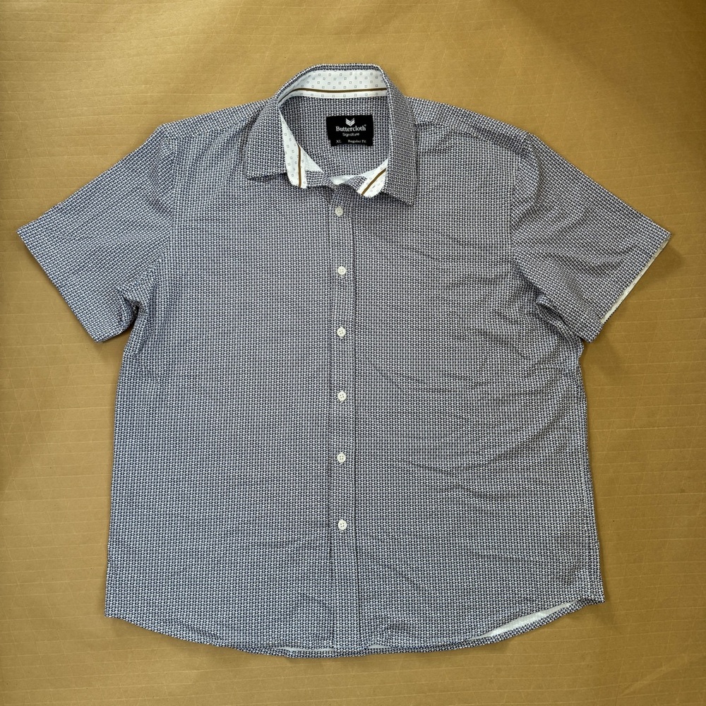 Buttercloth Button down collared Navy Patterned Short Sleeve‎ Shirt